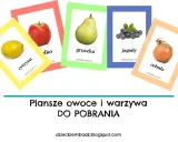 Kolorowe plansze z owocami i warzywami do druku: cytryna, jabłko, gruszka, jagody, cebula. Idealne do nauki dla dzieci.