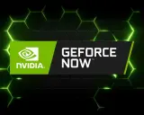 Logo NVIDIA i napis GeForce NOW na tle zielonych, świecących heksagonów.