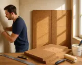 Un homme applique un enduit chaux liège intérieur sur un mur. Des panneaux de liège sont prêts à être posés.