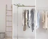 Idées de portant vêtement DIY : échelle en bois, portant en métal avec branche et portant minimaliste en tube.
