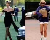 Princess Diana fashion: A split image shows her in a black off-the-shoulder dress and later in athletic wear.