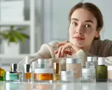 Kobieta z uśmiechem opiera się o stół z kosmetykami. Wśród nich kremy i serum, które dzięki zawartości ceramidów dbają o zdrową skórę.