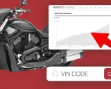 Czarny motocykl Harley-Davidson obok strony z informacjami o wartości pojazdu i polem na wpisanie numeru VIN. Sprawdź wartość swojego motocykla!