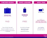 Tabela Wizzair: bagaż rejestrowany płatny, podręczny darmowy, mała torba z dopłatą do bagażu Wizzair.