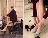 Mathilde Favier, stylish in a burgundy outfit, rides an electric bike. She's also seen tying her ballet flats, ready for a day out.