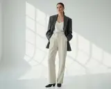 Modello indossa un tailleur beige con blazer grigio scuro. Un look elegante per ogni occasione.