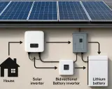 Solceller laddar litiumbatteri via en växelriktare. Systemet ger grön energi till huset.