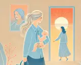 Mamma con bimbo in braccio, guarda un tramonto. Sospira, pensando: "Non voglio tornare a lavoro dopo maternità".