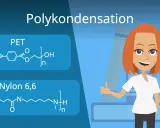 Chemische Formeln für PET und Nylon 6,6, die Beispiele für Polymerisation sind, mit einer lächelnden Frau im Hintergrund.