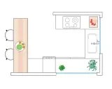 Plano de cocina con barra, dos sillas, estufa, fregadero y plantas. Incluye un detalle de sandía y naranjas.