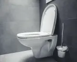 Nowoczesna toaleta z otwartą klapą, obok szczotka. Widoczna budowa zaworu spustowego spłuczki.