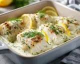 Ugnsbakad torskrygg i krämig sås med citron och dill. Ett perfekt torskrygg recept för en festlig middag.