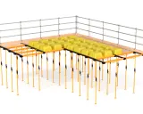 Sistema de encofrado recuperable con soportes naranjas y moldes amarillos para crear losas de hormigón.