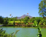 Lago sereno en el parque de la Paloma, con una gaviota volando y la bandera española ondeando. ¡Un lugar hermoso para visitar!