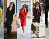 Amal Clooney's fashion style showcases bold colors and sharp tailoring. She's seen in a vibrant yellow coat, a classic black suit, a striking red ensemble, a chic black and white dress, and an elegant cream trench coat.