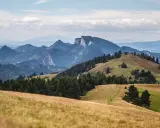 Malowniczy krajobraz górski, idealny na szczawnica trasę. W oddali skaliste szczyty, bliżej zielone wzgórza i ścieżka dla turystów.
