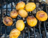 Kleine, goldbraune Kartoffeln garen auf dem Grillrost über glühender Kohle. Sie sind bereit für ein leckeres Abendessen.