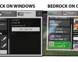 Porównanie interfejsów serwerów w grze Minecraft Bedrock na Windows i konsoli. Widoczne są różne opcje serwerów, w tym "Mineville" z aktualizacją więzienia, co pokazuje możliwości gry w **minecraft gry online**.