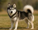 Un magnifique chien pomsky aux yeux bleus perçants se tient fièrement dans un champ herbeux, sa queue touffue enroulée sur son dos.