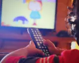 Dziecko z pilotem w ręku ogląda bajkę na telewizorze w pokoju.