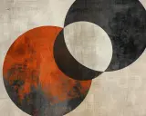 Minimal art mit überlappenden Kreisen in Orange, Schwarz und Beige. Textur erinnert an Leinwand.