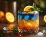 Kolorowe drinki przepisy: dwukolorowy koktajl z pomarańczą i miętą, otoczony owocami i lodem.