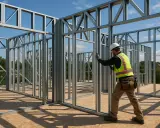 Obrero trabajando en la construccion steel framing de una casa. El sol ilumina la estructura metálica.