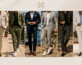 Five men showcase stylish wedding casual attire: linen suits in beige, olive, navy, grey, and cream, paired with open-collar shirts and loafers or sneakers.