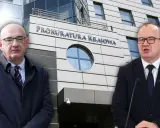 Dwóch mężczyzn przed budynkiem Prokuratury Krajowej. Jeden w płaszczu, drugi w garniturze. Czyżby szykował się zamach stanu?