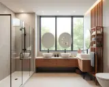Salle de bain 10m2 moderne avec douche vitrée, double vasque sur meuble bois, et étagère murale.