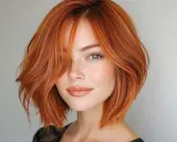 Mujer con cabello cobrizo y corte bob asimétrico, ideal para cortes de pelo para dar volumen al pelo fino.