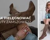 Jak pielęgnować buty zamszowe? Stylowa kobieta w jeansowej sukience i brązowych kozakach pokazuje, jak dbać o zamsz.