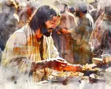 Jezus rozdziela pokarm, jak w psalm 5. Woda i światło tworzą mistyczną atmosferę wokół postaci i zgromadzonych ludzi.