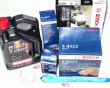 Butelka oleju Motul 8100 X-clean+ 5W-30 i filtry Bosch: paliwa, powietrza i oleju.