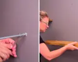 Instalando soportes para poner baldas entre dos paredes. Una persona ajusta un soporte y otra coloca una balda de madera.