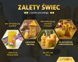 Zalety świec z wosku pszczelego: nie wywołują alergii, jonizują powietrze, łagodnie pachną, neutralizują zapach tytoniu, długo się palą, są naturalne. Wosk pszczeli jak powstaje? Z ula.