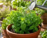 Arrosage d'une menthe en pot sur un balcon ensoleillé. L'eau tombe en fines gouttelettes sur les feuilles vertes et luxuriantes.