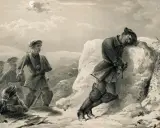 Soldater i snölandskap. En man vilar mot en sten, kanske en bild av hur dog Karl XII.