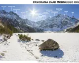 Zimowa panorama Tatr z widokiem na szczyt nad Morskim Okiem, pokryty śniegiem.
