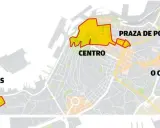 Mapa de Vigo con zonas resaltadas: Bouzas, Centro, Praza de Portugal y O Calvario. Ideal para planificar ir a Vigo en coche.