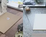 Montaggio piatto doccia sopra pavimento: due soluzioni moderne, una color sabbia su parquet, l'altra bianca su grès effetto terrazzo.