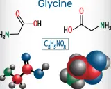 Struktura chemiczna glicyny, najprostszej aminokwasu. Wzór sumaryczny C₂H₅NO₂.