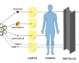 Illustrazione mostra come neutroni, particelle alfa e beta, raggi gamma e X interagiscono con carta, corpo e metallo, evidenziando la protezione dalle radiazioni ionizzanti.