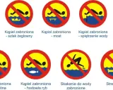 Znaki ostrzegawcze nad wodą: zakaz kąpieli, szlak żeglowny, most, spiętrzenie wody, woda skażona, woda pitna, hodowla ryb, skakanie do wody, strefa ciszy.