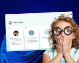 Une fillette surprise devant l'écran d'un PC affichant la gestion du contrôle parental familial Microsoft.