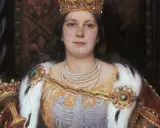 Portret królowej Jadwigi w koronie i klejnotach. Jej śmierć, choć nie pokazana, jest tematem dyskusji, jak zginęła królowa Jadwiga.