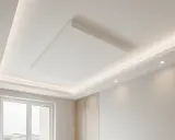 Soffitto moderno in cartongesso con illuminazione a led integrata, un'idea di design per il soggiorno.