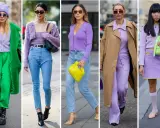 Cinque donne sfoggiano look con abbinamento lilla e blu, tra cui jeans chiari, maglioncini e cappotti colorati.