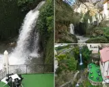 Cascada y terrazas con mesas junto a piscinas naturales en Burgos. Paisaje verde con casas rurales y agua cayendo.