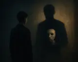 Mężczyzna patrzy na swój cień, który trzyma maskę. To symboliczne ujęcie cienia Junga, ukazujące ukryte aspekty osobowości.